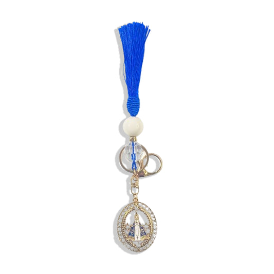 CHAVEIRO LUXO COM MOSQUETE NOSSA SENHORA APARECIDA COM POMPOM AZUL ROYAL (1 UNIDADE)