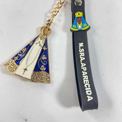 CHAVEIRO NOSSA SENHORA APARECIDA COM FITA SILICONE PRETO (3 UNIDADES)