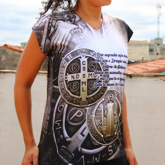 CAMISETA RELIGIOSA MEDALHA SÃO BENTO MOD2 TAMANHO:G (1 UNIDADE)