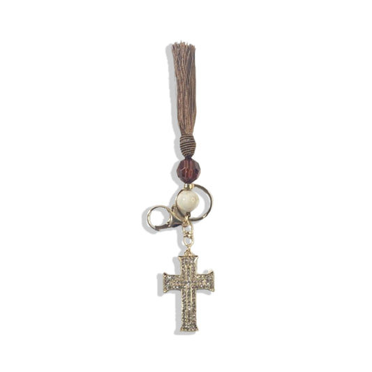 CHAVEIRO LUXO COM MOSQUETE CRUZ POMPOM MARROM (1 UNIDADE)