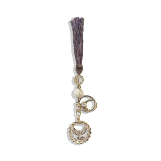 CHAVEIRO LUXO COM MOSQUETE DIVINO ESPÍRITO SANTO COM POMPOM MARROM (1 UNIDADE)