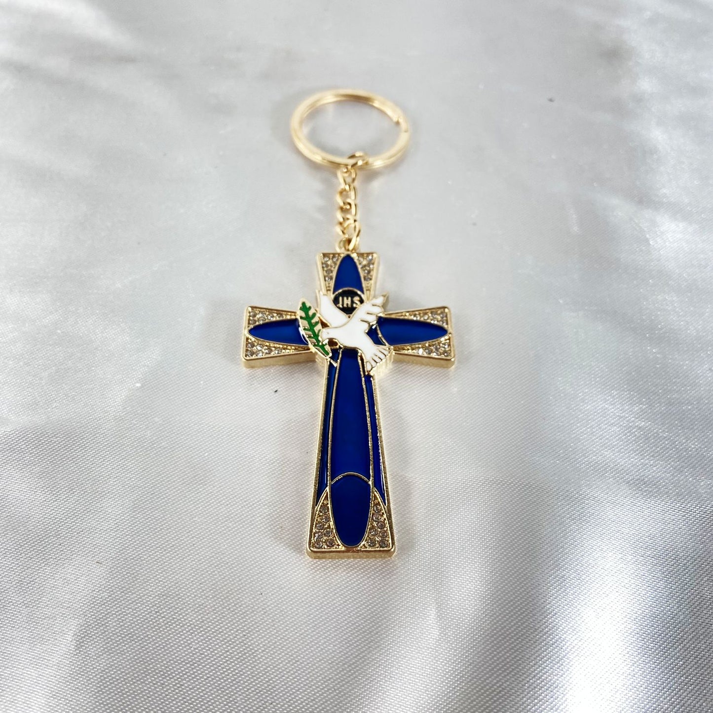CHAVEIRO LUXO EUCARISTIA CRUCIFIXO AZUL COM STRASS (3 UNIDADES)