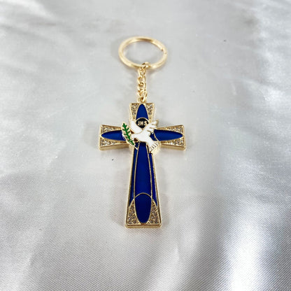 CHAVEIRO LUXO EUCARISTIA CRUCIFIXO AZUL COM STRASS (3 UNIDADES)