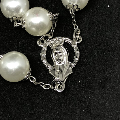 TERÇO PÉROLA DE NOIVA COR PRATA FACE DE MARIA 10MM (1 UNIDADE)