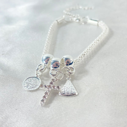 PULSEIRA NÍQUEL CRUZ COM STRASS BRANCO (6 UNIDADES)