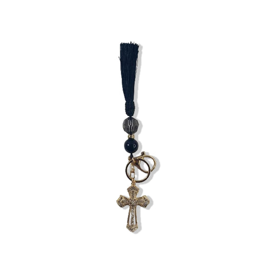 CHAVEIRO LUXO COM MOSQUETE CRUZ POMPOM PRETO (1 UNIDADE)