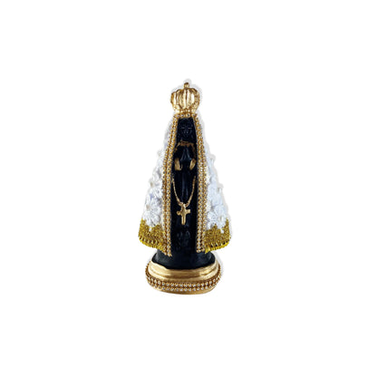 IMAGEM DE GESSO NOSSA SENHORA APARECIDA FLOR DE RENDA BRANCO COM STRASS 16CM (1 UNIDADE)