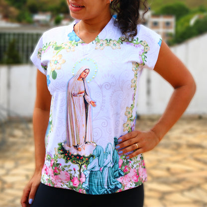 CAMISETA RELIGIOSA NOSSA  SENHORA DE FÁTIMA COM  PASTORES MOD2 TAMANHO:GG (1 UNIDADE)
