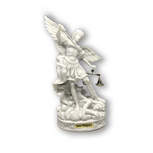 IMAGEM DE MÁRMORE SÃO MIGUEL ARCANJO COM BALANÇA DA JUSTIÇA 30CM (1 UNIDADE)