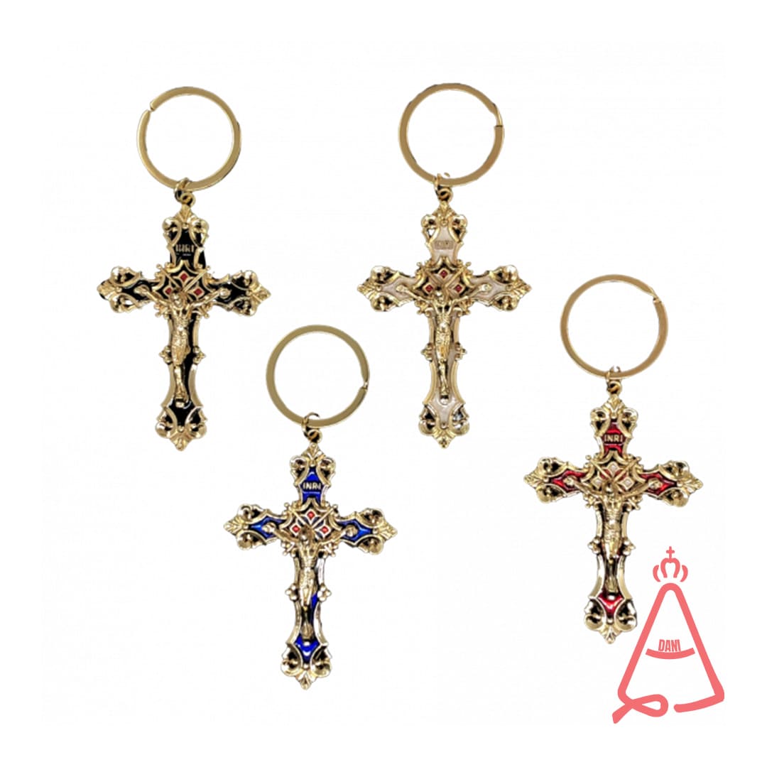 CHAVEIRO DOURADO CRUCIFIXO DETALHADO CORES SORTIDAS (6 UNIDADES)