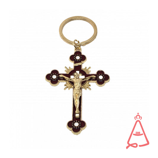 CHAVEIRO DOURADO CRUCIFIXO VERMELHO (3 UNIDADES)