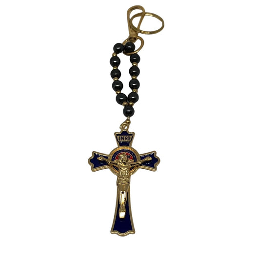 CHAVEIRO DEZENA HEMATITA COM MOSQUETE CRUCIFIXO AZUL (3 UNIDADES)