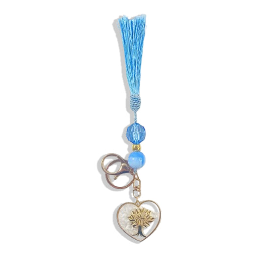 CHAVEIRO LUXO COM MOSQUETE ÁRVORE DA VIDA COM POMPOM AZUL BEBÊ (1 UNIDADE)