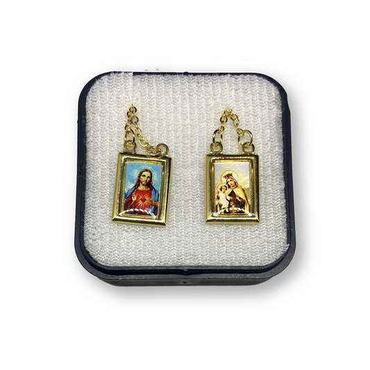 ESCAPULÁRIO DE INOX DOURADO SAGRADO CORAÇÃO DE JESUS E NOSSA SENHORA DO CARMO (6 UNIDADES)