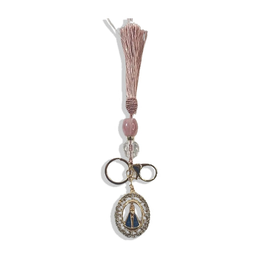 CHAVEIRO LUXO COM MOSQUETE NOSSA SENHORA APARECIDA COM POMPOM ROSE (1 UNIDADE)