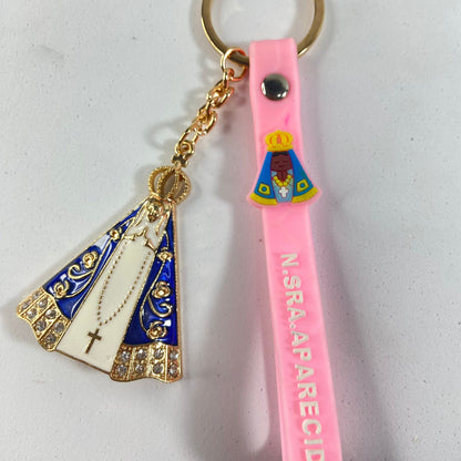 CHAVEIRO NOSSA SENHORA APARECIDA COM FITA SILICONE ROSA (3 UNIDADES)