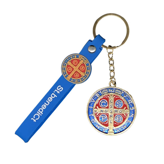 CHAVEIRO MEDALHA SÃO BENTO COM FITA SILICONE AZUL (3 UNIDADES)